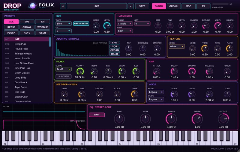 Folix Drop 2 plugin interface: sub oscillator, harmonics, additive partials, filter, 808 drop, amp and voice sections with a keyboard